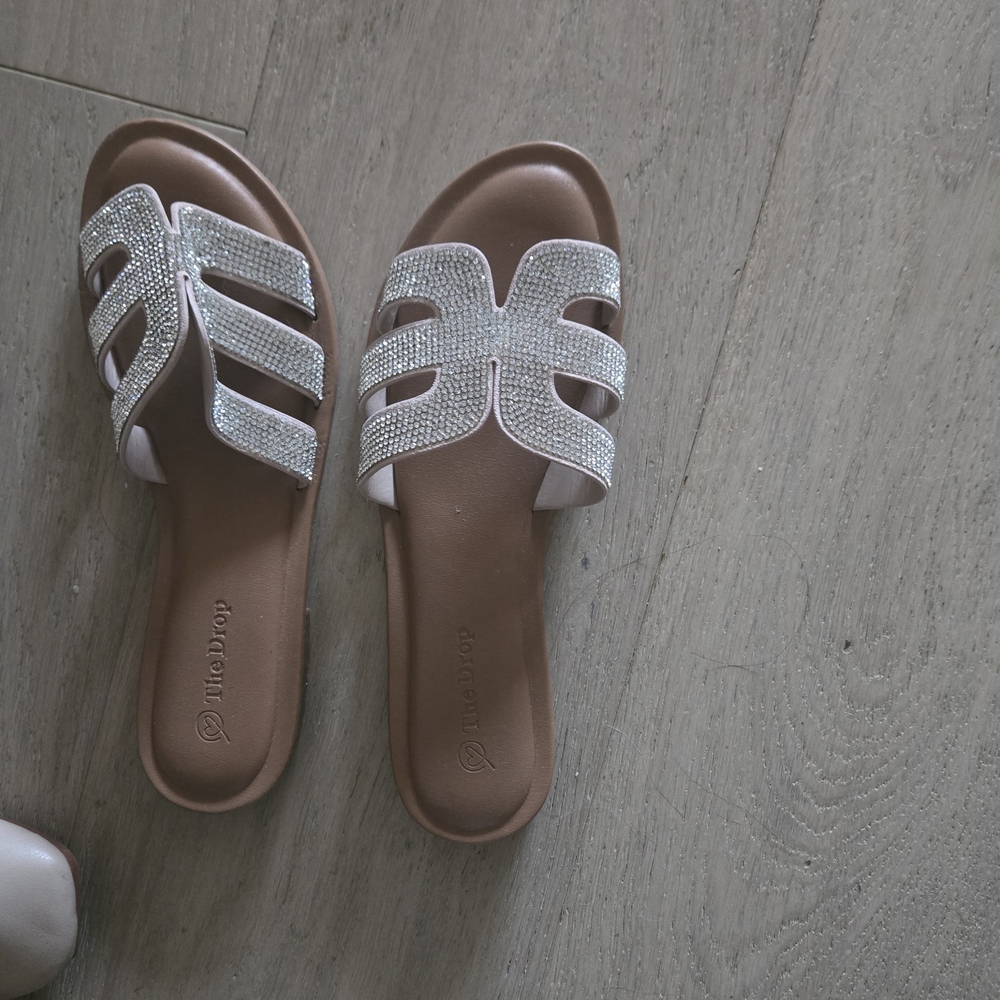 Slip-On Sandals with Crystal Accent in Brown and Silver